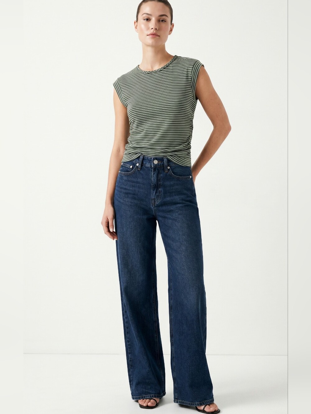 On 34th Striped Cap-Sleeve Top in Olive and White Ruched On Sides - TOP ONLY-